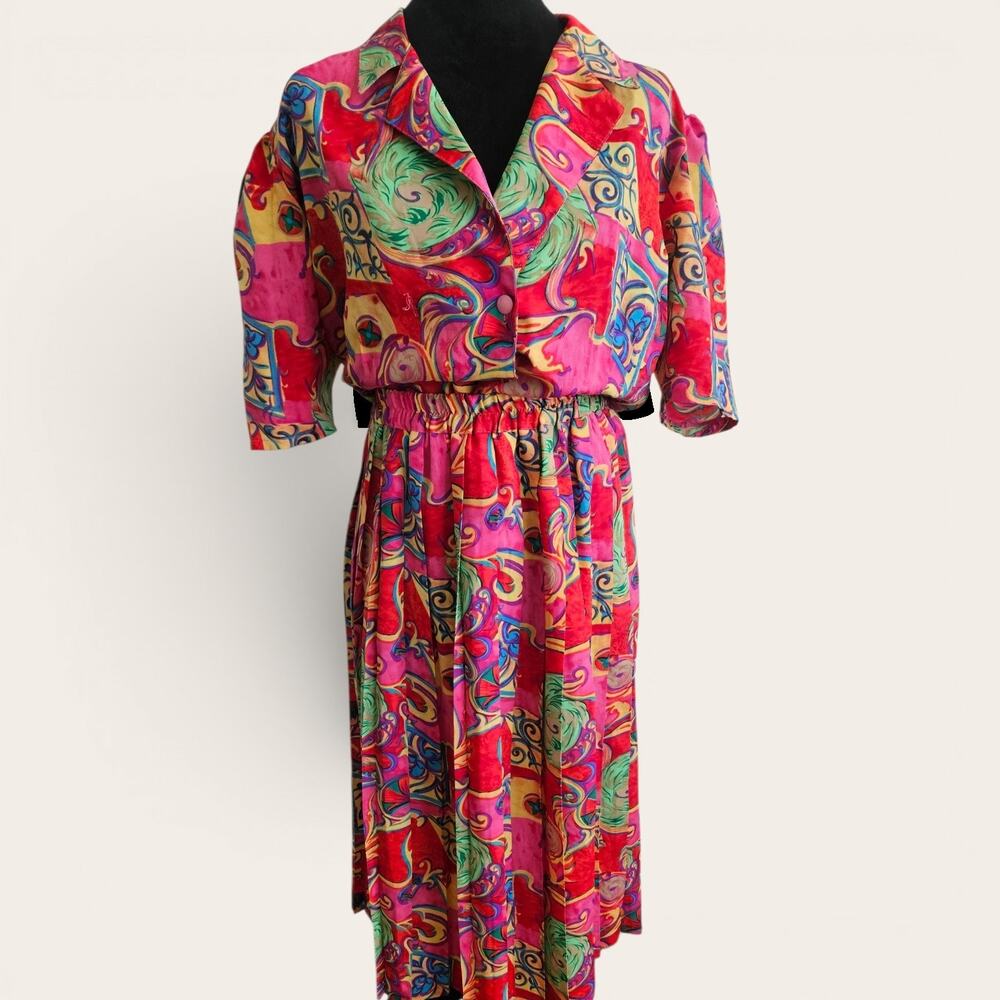 Vintage 80 Bold Abstract Pink Red Paisley Floral Print 2 Piece Skirt Set Medium